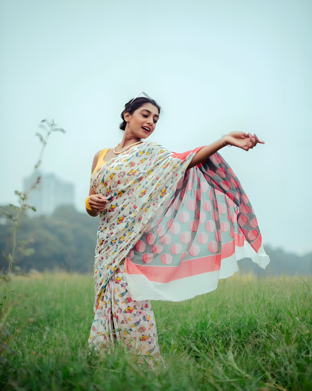 Linen Cotton Digital Print Saree With Unstiched Blouse Piece